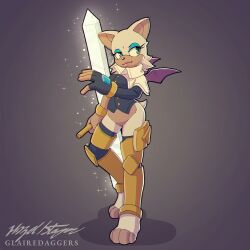 1girl animal_ears animal_feet animal_nose armor artist_name barefoot bat_ears bat_girl bat_wings black_gloves black_shirt blue_eyeshadow body_fur bottomless bracelet breasts buttons capelet chromatic_aberration closed_mouth cosplay detached_leggings elbow_gloves eyeshadow female_focus full_body glairedaggers gloves gold_armor green_eyes grey_background happy highres holding holding_weapon jewelry knee_pads leg_armor looking_to_the_side makeup pseudoregalia purple_wings rouge_the_bat shirt signature simple_background single_glove small_breasts smile solo sonic_(series) sparkle standing sybil_(pseudoregalia) sybil_(pseudoregalia)_(cosplay) tail watermark weapon weapon_request white_capelet white_fur wings