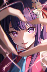 Rule 34 | 1girl, :d, armpits, arms up, artist name, ascot, blue ascot, blurry, blurry foreground, blush, chinese commentary, chromatic aberration, collared shirt, commentary, depth of field, duplicate, english commentary, fangs, fingernails, four-finger heart hands, hair ornament, hair ribbon, heart, heart hands, highres, hoshino ai, idol, idol clothes, long fingernails, long hair, looking at viewer, mixed-language commentary, multilingual commentary, nail polish, open mouth, oshi no ko, pink nails, pink ribbon, portrait, purple eyes, purple hair, red shirt, ribbon, rosuuri, shirt, sleeveless, sleeveless shirt, smile, solo, star-shaped pupils, star (symbol), straight hair, symbol-shaped pupils, upturned eyes, wing collar