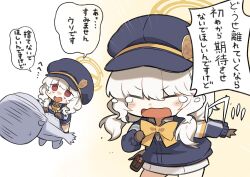 Rule 34 | 1boy, 1girl, aoba (blue archive), bare legs, black hat, black jacket, blonde hair, blue archive, blush, bow, bowtie, chibi, doodle sensei (blue archive), gloves, halo, hat, highres, jacket, japanese text, long hair, school uniform, sensei (blue archive), skirt, taru haru, tears, twitter, yellow bow, yellow bowtie, yellow halo