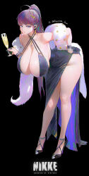 1girl alcohol alternate_breast_size artist_name bare_shoulders bent_over black_background black_gloves breasts champagne_flute collarbone commentary copyright_name cup dolla_(dark_rose)_(nikke) dolla_(nikke) dress drinking_glass english_commentary feather_boa full_body gloves goddess_of_victory:_nikke hair_ornament half_gloves halterneck hand_on_own_hip hanging_breasts high_heels highres housou-kun huge_breasts leaning_forward long_hair looking_at_viewer official_alternate_costume ponytail purple_eyes purple_hair simple_background sleeveless solo standing thighs