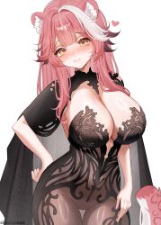 1girl absurdres animal_ear_fluff animal_ears black_bodysuit blush bodystocking bodysuit breasts cat_ears cat_girl cat_tail chronopattern_dress cowboy_shot hair_intakes heart highres hololive hololive_english large_breasts leopard_tail looking_at_viewer meme_attire multicolored_hair pink_hair raora_panthera simple_background sinonamon solo streaked_hair tail virtual_youtuber white_background yellow_eyes