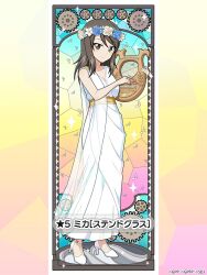 1girl ancient_greek_clothes bare_arms bare_shoulders blue_flower blue_rose blush breasts brown_eyes brown_hair character_name cleavage collarbone dress eighth_note flower full_body gears girls_und_panzer girls_und_panzer_senshadou_daisakusen! greco-roman_clothes head_wreath high_heels himation holding holding_instrument holding_lyre instrument long_dress looking_at_viewer lyre medium_hair mika_(girls_und_panzer) music musical_note official_art peplos playing_instrument rose shoes sleeveless sleeveless_dress smile stained_glass standing swept_bangs translated white_dress white_flower white_rose white_shoes