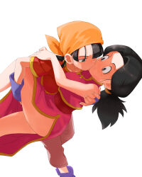 2girls absurdres bandana black_eyes black_hair breasts chi-chi_(dragon_ball) china_dress chinese_clothes commission dip_(dance_move) dragon_ball dragon_ball_gt dress earrings fingerless_gloves gloves grandmother_and_granddaughter hand_on_another&#039;s_back hand_on_another&#039;s_shoulder hand_on_another&#039;s_thigh height_difference highres incest jewelry kiss long_hair medium_breasts multiple_girls orange_bandana pan_(dragon_ball) pixiv_commission ponytail red_shirt saiyan shirt short_hair surprise_kiss surprised thighs u4_99384295 wide-eyed yuri