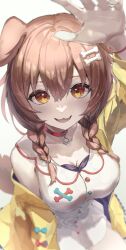 1girl absurdres animal_collar animal_ears blush bone_hair_ornament braid breasts brown_hair cleavage collar commentary_request dog_ears dog_girl dog_tail dress from_above hair_ornament highres hololive inugami_korone jacket large_breasts lazyramen looking_at_viewer low_twin_braids open_clothes open_jacket open_mouth red_collar simple_background sleeveless sleeveless_dress tail twin_braids virtual_youtuber white_dress yellow_eyes yellow_jacket