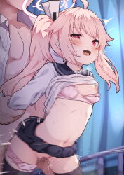 1boy 1girl absurdres ahoge arched_back black_sailor_collar black_skirt black_thighhighs blue_archive blush bra breasts censored clothes_lift commentary_request halo hetero highres holding_another&#039;s_arm jon_(pixiv31559095) loli long_hair long_sleeves motion_blur natsu_(blue_archive) navel nipples one_breast_out open_clothes open_mouth open_shirt paid_reward_available panties panties_around_leg pink_bra pink_hair pink_halo pink_panties pleated_skirt pussy_juice red_eyes sailor_collar sailor_shirt school_uniform serafuku sex sex_from_behind shirt shirt_lift side_ponytail skirt skirt_lift small_breasts solo_focus sweatdrop thighhighs trinity_general_school_logo underwear vaginal very_long_hair white_shirt zettai_ryouiki