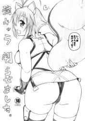 1girl animal_ears antenna_hair arc_system_works ass bent_over blazblue blazblue:_continuum_shift breasts female_focus fingerless_gloves gloves greyscale large_breasts makoto_nanaya microskirt monochrome panties pantyshot short_hair skirt smile solo squirrel_ears squirrel_tail tail thighhighs translation_request underboob underwear upskirt yukitaka