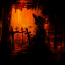 1girl cross dark dolls_in_pseudo_paradise food fruit grave hair_over_eyes hat highres jacket_girl_(dipp) long_hair orange_(fruit) orange_theme profile signature silhouette smile straw_doll sujaku_(izayoisuzaku) touhou