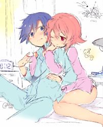 1boy 1girl bed_sheet blush chaos;child highres miyashiro_takuru onoe_serika pajamas panties rotte_(1109) underwear white_panties