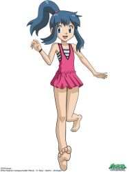artist_name bare_legs barefoot blue_eyes blue_hair bracelet dawn_(pokemon) dress feet hair_ornament jewelry kriztart logo nintendo open_mouth pink_dress pokemon pokemon_dppt ponytail running shirt smile soles striped_clothes striped_shirt swimsuit toes white_background