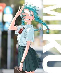 1girl aqua_eyes aqua_hair blurry braid briefcase depth_of_field hatsune_miku highres long_hair looking_at_viewer outdoors school_uniform skirt smile solo sunlight tanaka_masaaki twin_braids vocaloid