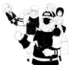 Rule 34 | 1girl, 6+boys, aged down, closed eyes, crying, deidara (naruto), forehead protector, greyscale, hidan (naruto), highres, jewelry, kakuzu (naruto), konan (naruto), mask, monochrome, mouth mask, multiple boys, nagato (naruto), naruto (series), naruto shippuuden, ninja, ninja mask, ring, sasori (naruto), short hair, tattoo, tongue, tongue out, white background, yahiko (naruto), yi (199702090505)