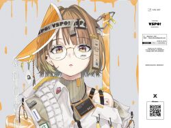 .akuma 1girl brown_hair chain copyright_name glasses grey_background grey_sweater hair_intakes hat highres jacket looking_at_viewer medium_hair orange_hat parted_lips portrait purple_eyes qr_code sendo_yuuhi sideways_hat single_off_shoulder sleeveless sleeveless_sweater sleeveless_turtleneck solo sweater turtleneck turtleneck_sweater virtual_youtuber visor_cap vspo! white_jacket