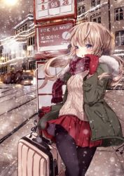 1girl 218 :o aran_sweater beige_sweater black_pantyhose black_scrunchie blue_eyes blush brown_footwear building cable_knit commentary_request female_focus fringe_trim fur-trimmed_hood fur_trim fur_trimm gloves green_jacket hair_between_eyes hair_ornament hair_scrunchie hood hood_down hooded_jacket jacket light_brown_hair long_hair long_sleeves low_twintails miniskirt open_clothes open_jacket original outdoors pantyhose parted_lips pleated_skirt red_gloves red_scarf red_skirt rolling_suitcase scarf scrunchie sign skirt snow snowing solo streetcar suitcase sun sweater twintails very_long_hair winter