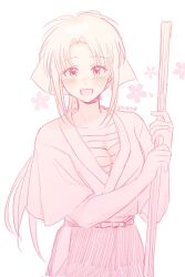 1girl abcd0060 bandaged_chest blush breasts cherry_blossoms chest_sarashi collarbone commentary_request flower hair_ribbon hakama hakama_pants highres holding japanese_clothes kamiya_kaoru long_hair looking_at_viewer medium_breasts monochrome open_mouth pants parted_lips pink_flower pink_theme ponytail ribbon rurouni_kenshin sarashi sidelocks simple_background smile solo twitter_username upper_body white_background