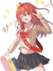 absurdres belly bocchi_the_rock! brown_sailor_collar crown highres kessoku_band kita_ikuyo long_hair midriff multiple_girls navel night_ling one_side_up open_mouth pleated_skirt red_hair sailor_collar sash school_uniform shuka_high_school_uniform skirt v white_background yellow_eyes