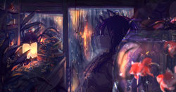1girl animal_ears black_hair blush book book_stack brown_jacket c4_art cat_ears closed_eyes closed_mouth commentary fish fishbowl goldfish highres indoors inkwell jacket lantern long_hair open_book original paperclip plant pom_pom_(clothes) rain smile solo table upper_body window