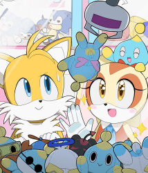 blonde_hair blue_eyes brown_eyes catcher chao_(sonic) cheese_(sonic) child crane_game cream_the_rabbit dark_chao dress fox gloves hero_chao long_ears omochao orange_fur orange_hair rabbit sega smile sonic_(series) sonic_the_hedgehog stuffed_toy sweatdrop tails_(sonic) toy yellow_fur
