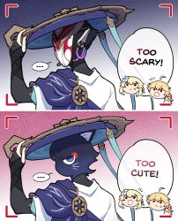... 1boy 1girl aether_(genshin_impact) ahoge animalization armor black_bridal_gauntlets black_cat blonde_hair blue_flower blue_hat blue_sleeves bridal_gauntlets brother_and_sister brown_eyes cape cat detached_ahoge disembodied_head earrings eyelashes eyeliner eyeshadow feather_hair_ornament feathers flower genshin_impact gold hair_ornament hand_up hat highres japanese_armor japanese_clothes jewelry jingasa kakaolikeslegs kimono kote kurokote layered_sleeves long_hair looking_back low-braided_long_hair low-tied_long_hair lumine_(genshin_impact) makeup mecha middle_ring multicolored_flower o_o purple_cape purple_hat red_eyeliner red_eyeshadow robot scaramouche_(cat)_(genshin_impact) scaramouche_(genshin_impact) scaramouche_(shouki_no_kami)_(genshin_impact) short_hair short_hair_with_long_locks short_sleeves siblings sidelocks spoken_ellipsis twins two-sided_fabric two-sided_headwear viewfinder wanderer_(genshin_impact) white_feathers white_flower white_kimono white_sleeves white_trim