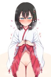 1girl black_hair blue_eyes blush breasts censored clothes_lift cowboy_shot hair_ornament hakama hakama_short_skirt hakama_skirt half-closed_eyes highres japanese_clothes kimono layla_(mino) lifting_own_clothes long_sleeves looking_at_viewer medium_hair miko mosaic_censoring navel no_panties nonono_mino open_mouth orange_background original pleated_skirt pussy red_skirt ringed_eyes skirt skirt_lift small_breasts solo speech_bubble two-tone_background white_kimono wide_sleeves