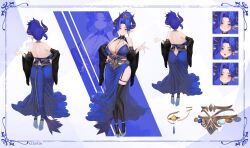 1girl absurdres aisurin1st artist_name bare_shoulders black_sleeves black_thighhighs blue_dress blue_eyes breasts cleavage closed_mouth clothing_cutout detached_sleeves dragon_girl dragon_horns dragon_tail dress earrings grey_shoes highres horns indie_virtual_youtuber jewelry large_breasts lunessa_(vtuber) median_furrow multiple_expressions multiple_views necklace pearl_necklace planet_earrings pointy_ears reference_sheet shoes side_slit smile tail tail_through_clothes thighhighs tiara virtual_youtuber wide_sleeves