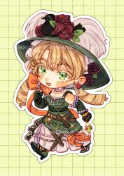 1girl :d belt belt_pouch blonde_hair bottle bow brown_belt chibi chin_strap dress drill_hair earrings elbow_gloves flower full_body gloves green_background green_dress green_eyes green_footwear green_gloves green_hat grid_background hand_up hat hat_feather hat_flower highres holding holding_bottle jewelry long_dress long_hair looking_at_viewer low_twintails necklace open_mouth orange_bow pearl_necklace picture_hat pouch red_flower remy_(rmj_draws) reverse:1999 sleeveless sleeveless_dress smile solo sotheby twin_drills twintails walking watermark watermark_grid