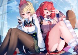 2girls absurdres alice_thymefield animal_ears asymmetrical_legwear black_gloves black_pantyhose black_sailor_collar black_serafuku black_shirt black_skirt blonde_hair bow bowtie brown_cardigan cardigan collared_shirt commentary_request fingerless_gloves gloves green_eyes highres long_hair long_sleeves multiple_girls open_mouth pantyhose pleated_skirt red_hair red_skirt sailor_collar school_uniform serafuku shirt single_thighhigh sitting skirt socks striped_clothes striped_socks striped_thighhighs takemura_kou thigh_strap thighhighs twitter_username ukinami_yuzuha v v_over_eye white_bow white_bowtie white_shirt yellow_eyes zenless_zone_zero