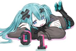1girl aqua_eyes aqua_hair aqua_nails batsu_miku blush crossed_legs grey_jacket hair_between_eyes hair_ornament hatsune_miku highres jacket kowareta_sekai_to_utaenai_miku long_hair long_sleeves lying on_stomach open_mouth project_sekai simple_background smile solo turtleneck turtleneck_jacket twintails very_long_hair vocaloid white_background wide_sleeves x_hair_ornament yohira_ame