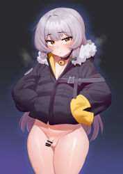 1boy absurdres bar_censor bell black_background black_bow black_jacket bottomless bow censored closed_mouth cowboy_shot gradient_background grey_hair hair_bow hands_in_pockets highres jacket jingle_bell long_hair male_focus neck_bell otonashi_(otonashi5959) penis purple_background small_penis solo testicles tongkkangi tongkkangi_(streamer) trap yellow_eyes
