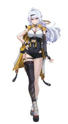 Rule 34 | 1girl, absurdres, black bra, black gloves, black shorts, black thighhighs, bra, breasts, cleavage, closed mouth, fingerless gloves, gloves, hand on own hip, highres, jacket, kabuto tong, large breasts, long hair, looking at viewer, o-ring, o-ring thigh strap, shirt, shoes, shorts, smile, solo, thigh strap, thighhighs, underwear, white hair, white shirt, white shoes, yellow eyes, yellow jacket, yixuan (zenless zone zero), zenless zone zero
