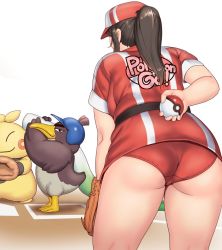 1girl arm_behind_back ass baseball_base baseball_field baseball_glove baseball_helmet black_hair breasts closed_mouth commentary_request feet_out_of_frame female_protagonist_(pokemon_go) from_behind from_side galarian_farfetch&#039;d galarian_form gen_3_pokemon gen_8_pokemon hat helmet highres holding holding_poke_ball large_breasts leaning_forward long_hair makuhita nintendo orizen pitcher poke_ball pokemon pokemon_go ponytail short_sleeves sidelocks standing thick_thighs thighs webbed_feet white_background wings
