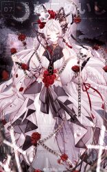 1girl absurdly_long_hair absurdres bare_shoulders beads black_bow black_bridal_gauntlets black_horns black_ribbon black_sky black_wings boqing_xiao_guafu bow braid bridal_gauntlets chinese_commentary closed_eyes cloud commentary_request commission crescent_moon cross cross-laced_clothes cross-laced_dress dated demon_horns demon_wings dot_nose dress flower frilled_dress frills full_body gown hair_beads hair_flower hair_ornament hair_ribbon head_wings highres holding holding_skull horns light_blush light_particles long_dress long_hair long_sleeves marking_on_cheek moon night night_sky original outdoors parted_lips red_flower red_rose ribbon robe rose sample_watermark side_braids skull skull_hair_ornament sky sleeveless sleeveless_dress solo star_(sky) starry_sky tassel teardrop_facial_mark too_many_watermarks twin_braids very_long_hair waist_bow watermark weibo_watermark white_dress white_hair white_robe wide_sleeves wings wrist_flower