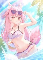 1girl absurdres animal_ear_fluff animal_ears ball beachball bikini blue_sky breasts cleavage commentary_request day eyewear_on_head fang fox_ears fox_girl fox_tail frilled_bikini frills heart heart-shaped_eyewear highres holding holding_ball holding_beachball liuliu long_hair medium_breasts nail_polish navel original outdoors parted_lips pink_hair pink_nails red_eyes sky solo swimsuit tail two_side_up water white_bikini