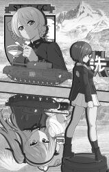 Rule 34 | 3girls, absurdres, anglerfish, ankle boots, boko (girls und panzer), boko (girls und panzer) (cosplay), boots, braid, centurion (tank), churchill (tank), closed mouth, commentary request, cosplay, cup, darjeeling (girls und panzer), emblem, fish, frown, girls und panzer, greyscale, hair ribbon, highres, holding, holding cup, holding jacket, holding unworn clothes, jacket, kantou rengou, kuromorimine military uniform, long hair, long sleeves, looking at viewer, looking back, military vehicle, miniskirt, monochrome, motor vehicle, mountain, multiple girls, nishizumi miho, one side up, ooarai (emblem), partial commentary, pleated skirt, ribbon, shimada arisu, short hair, skirt, smile, socks, st. gloriana&#039;s (emblem), st. gloriana&#039;s military uniform, standing, stuffed animal, stuffed toy, tank, tank cupola, teacup, teddy bear, twin braids, unworn jacket