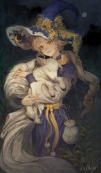 1girl absurdres animal animal_ear_piercing animal_ears anti-eyebrow_piercing baby_animal blue_hat blue_robe bow closed_mouth crescent earclip face_piercing frilled_bow frills grey_hair hat hat_bow highres holding holding_animal hooves horizontal_pupils lamb layered_sleeves lips long_hair long_sleeves low-braided_long_hair low-tied_long_hair low_ponytail night orange_eyes original outdoors piercing ponytail pouch robe sash sheep sheep_ears short_over_long_sleeves short_sleeves signature sky star_(sky) starry_sky suribbon witch witch_hat yellow_bow yellow_sash