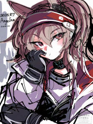 Rule 34 | 1girl, angelina (arknights), animal ears, arknights, black collar, black gloves, blush, brown hair, character name, closed mouth, coat, collar, commentary request, dated, dot nose, earpiece, fox ears, fox girl, gloves, gnome (gnome 0000), hair between eyes, hairband, highres, infection monitor (arknights), jacket, long hair, long sleeves, looking at viewer, one-hour drawing challenge, open clothes, open coat, open jacket, pout, red eyes, red hairband, red jacket, solo, striped clothes, striped hairband, twintails, twitter username, two-tone hairband, upper body, white background, white coat