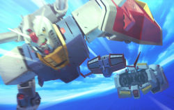 Rule 34 | beam rifle, core fighter, earth (planet), energy gun, gattai, green eyes, gun, gundam, highres, holding, holding gun, holding weapon, io takuya, mecha, mobile suit, mobile suit gundam, motion blur, no humans, planet, robot, rx-78-2 gundam, science fiction, v-fin, weapon