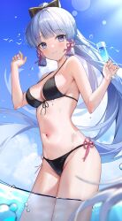 1girl absurdres ayaka_(genshin_impact) bikini bird black_bikini blue_eyes blue_hair blunt_bangs blush bow breasts closed_mouth cloud cup day drink emduck flower_knot genshin_impact glass hair_bow hair_ornament hashtag-only_commentary highres holding holding_drink long_hair looking_at_viewer medium_breasts mole mole_under_eye navel ocean outdoors partially_underwater_shot ponytail seagull smile solo standing string_bikini swimsuit very_long_hair wading water wet