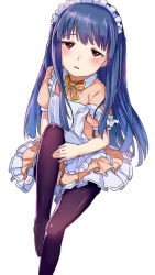 Rule 34 | 10s, 1girl, alternate costume, blue hair, dress, enmaided, idolmaster, idolmaster cinderella girls, long hair, maid, maid headdress, nemeko, pantyhose, parted lips, red eyes, sajo yukimi