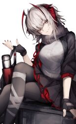 1girl ankoro_mochi antennae arknights black_gloves black_jacket black_pantyhose black_skirt box breasts commentary crossed_legs demon_girl demon_horns english_commentary feet_out_of_frame fingerless_gloves gloves grenade_launcher grey_scarf hair_between_eyes hand_up highres holding holding_weapon horns jacket looking_at_viewer medium_breasts multicolored_hair nail_polish on_box open_clothes open_jacket pantyhose red_horns red_nails revision scar scar_on_arm scarf shirt short_hair simple_background sitting sitting_on_box skirt smirk solo tail w_(arknights) weapon white_background white_hair white_shirt