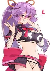 1girl back_bow bandaged_arm bandages bow breasts cleavage clenched_teeth commentary_request covered_erect_nipples fishnet_panties fishnet_top fishnets kinako_(mzknk0) long_hair medium_breasts mercy_modiste navel ponytail purple_eyes purple_hair showgirl_skirt solo teeth vallure