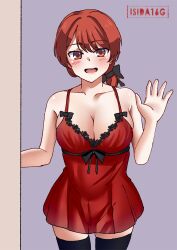 1girl alternate_costume artist_logo black_thighhighs braid breasts cowboy_shot dress grey_background highres ishida_arata kantai_collection large_breasts logo long_hair looking_at_viewer nevada_(kancolle) open_mouth red_dress red_eyes red_hair single_braid smile solo spaghetti_strap thighhighs waving