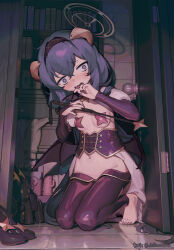 1girl absurdres barefoot black_hair black_nails black_wings blue_archive blush book bookshelf breasts cosplay demon_wings door fingernails halo haniwa_(statue) highres hiiragi_utena hiiragi_utena_(cosplay) holding holding_wand horns long_hair magia_baiser magia_baiser_(cosplay) mahou_shoujo_ni_akogarete nail_polish on_floor open_mouth pasties phone puffy_short_sleeves puffy_sleeves purple_eyes seiza shijiuuuuuuu short_sleeves sitting small_breasts solo toenail_polish toenails toes twitter_username ui_(blue_archive) venalita wand wings