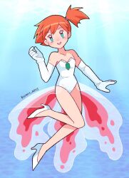 1girl asymmetrical_hair bare_shoulders blush cosplay cowboy_shot dress elbow_gloves female_focus flat_chest gen_1_pokemon gloves goldeen goldeen_(cosplay) green_eyes hair_tie highres kimmy_arts legs misty_(pokemon) navel nintendo open_mouth orange_hair pokemon pokemon_(anime) pokemon_(classic_anime) pokemon_ep043 ponytail shirt short_hair shorts side_ponytail simple_background solo source_request thighs underwater
