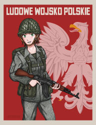1girl akm ammunition_pouch army artist_name assault_rifle backpack bag bird border brown_hair chin_strap cold_war collarbone collared_shirt combat_helmet commentary cowboy_shot eagle english_commentary green_eyes grey_bag grey_headwear grey_pants grey_shirt grzegorz1996 gun helmet highres holding holding_gun holding_weapon kalashnikov_rifle load_bearing_equipment long_sleeves military military_uniform open_mouth original pants pocket poland polish_army polish_text pouch red_background rifle shirt short_hair solo straight-on teeth translated trigger_discipline undershirt weapon white_border