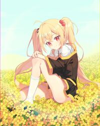 1girl absurdres ahoge black_dress blonde_hair closed_mouth commission day dress flower from_side full_body hair_bobbles hair_ornament hand_on_own_knee highres knee_up kneehighs long_hair long_sleeves looking_at_viewer original outdoors red_eyes second-party_source sitting smile socks solo twintails white_socks wide_sleeves yellow_flower zonunoll
