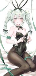 1girl absurdres alternate_costume alternate_hairstyle animal_ears aqua_bow aqua_eyes aqua_hair aqua_ribbon arm_bow arm_ribbon bare_shoulders bicute_bunnies_miku black_bow black_bowtie black_leotard black_pantyhose bow bowtie braided_twintails breasts cleavage collar commentary_request detached_collar double-parted_bangs eyelashes fake_animal_ears feet_out_of_frame frilled_leotard frills grin hair_between_eyes hair_bow hatsune_miku highres leg_ribbon leotard light_blush long_bangs long_hair looking_at_viewer muted_color on_bed open_mouth pantyhose pantyhose_under_leotard playboy_bunny rabbit_ears raised_inner_eyebrows ribbon sitting small_breasts smile solo someang sweat thigh_bow thigh_ribbon turning_head vocaloid white_collar wrist_cuffs