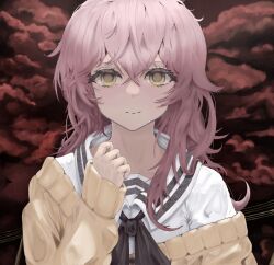1girl black_ribbon brown_cardigan brown_eyes cardigan cloud cloudy_sky commentary english_commentary highres kimi_to_kanojo_to_kanojo_no_koi. long_hair long_sleeves looking_at_viewer mukou_aoi_(totono) neck_ribbon pink_hair red_sky ribbon shirt sky solo white_shirt yulikay
