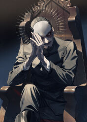 1boy black_eyes black_hair chair crossed_legs facial_hair forehead_protector goatee golden_kamuy hair_slicked_back halo halo_behind_head highres imperial_japanese_army long_sleeves looking_at_viewer male_focus military_uniform mustache own_hands_together scar scar_on_face short_hair sitting smile solo tsurumi_tokushirou w55674570w