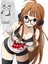 1girl ahoge arms_behind_back behind-the-head_headphones black_shorts black_tank_top black_thighhighs breasts brown_eyes brown_hair cleavage collarbone glasses grin headphones ikemen&#039;na_ore-shi leaning_forward long_hair multiple_views persona persona_5 sakura_futaba shirt short_shorts shorts sketch small_breasts smile tank_top thighhighs thighs very_long_hair white_shirt