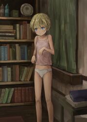 1girl absurdres blonde_hair blue_eyes book bookshelf breasts curtains highres katamimi123 original panties small_breasts solo standing tagme underwear white_panties